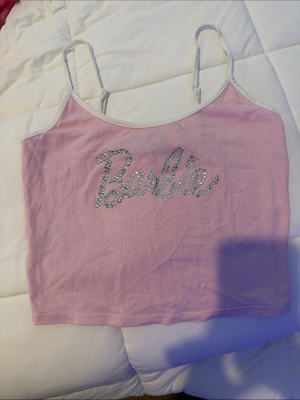 Barbie Pink Rhinestone Script Crop Tank